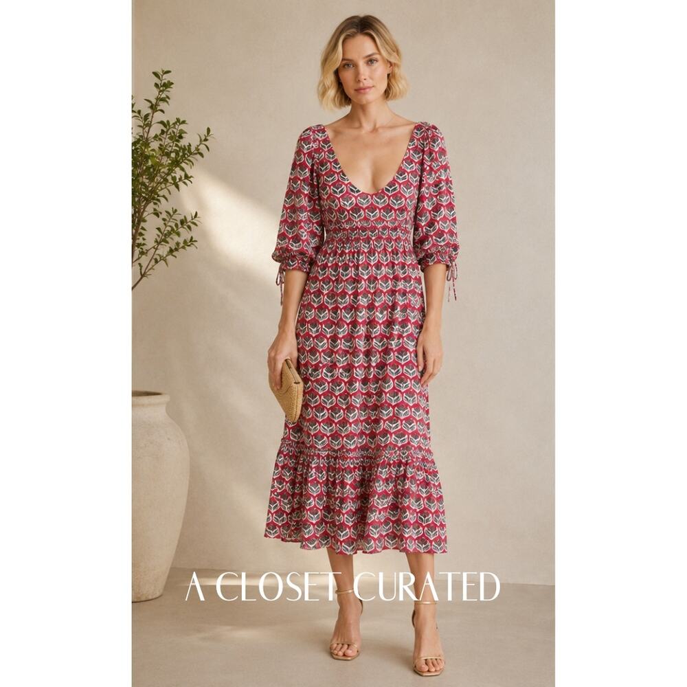 Eddy Hayley Red Puff Sleeve Cotton Midi Dress NEW XS